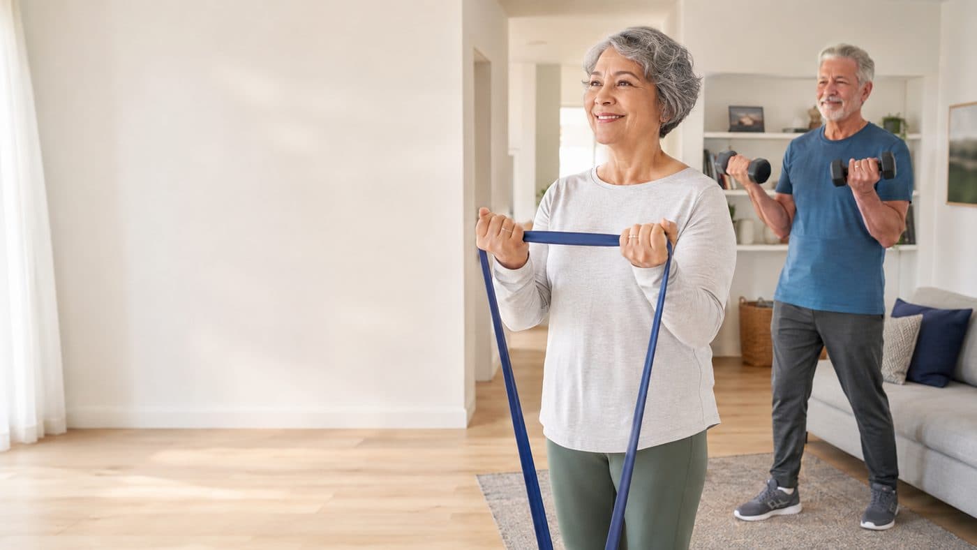 An older woman pulling a resistance band across her chest in her living room while a man behind her presses a pair of dumbbells