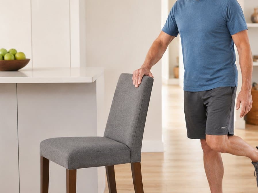 An older man standing on one leg with one hand resting on the back of a chair