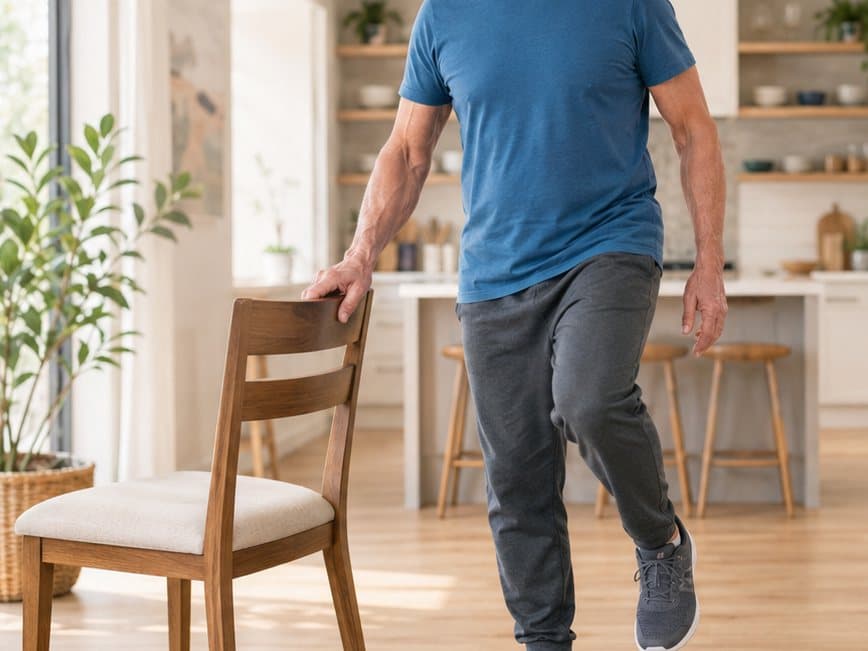 An older man standing upright beside a dining chair, one hand on its back for support
