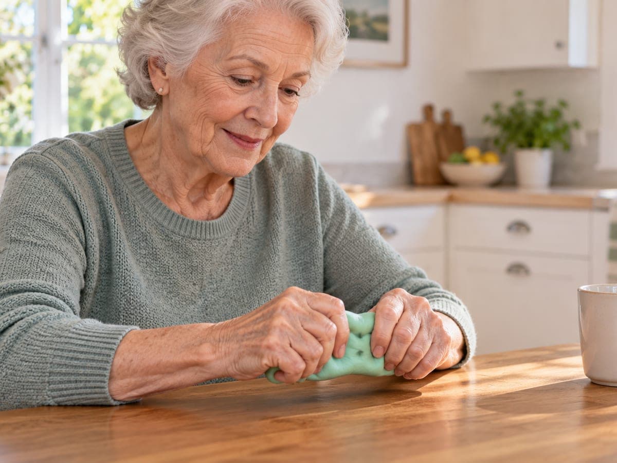 An older woman seated at a kitchen table squeezing a rolled length of therapy putty, fingers pressing into it