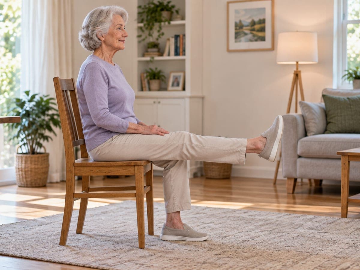 An older man sitting forward on a firm chair with one leg straightened out level with his hip