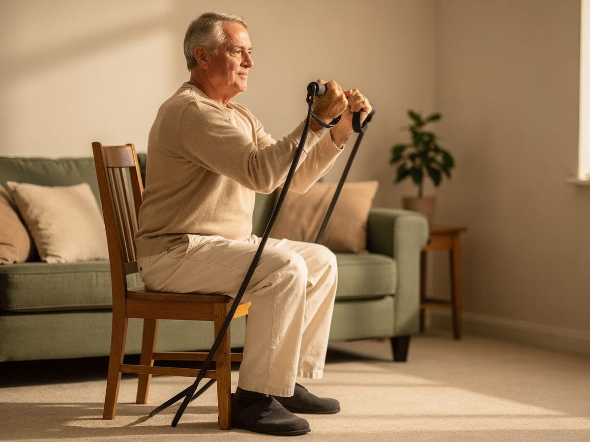 An older man seated on a firm chair curling two resistance-tube handles to shoulder height, the tube anchored under the seat