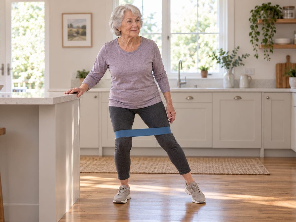 An older woman side-stepping in a kitchen with a resistance loop above her knees, one hand resting on the worktop