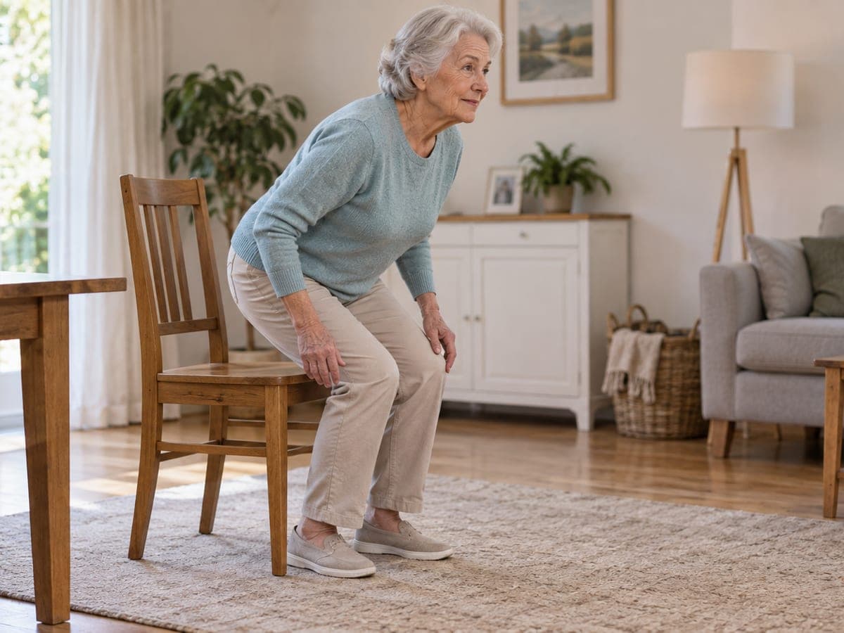 An older woman rising from a firm dining chair, chest leaning forward over her toes and feet flat on the floor