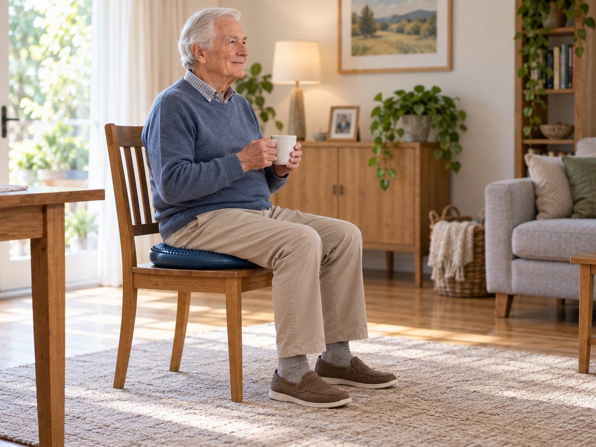 An older woman sitting upright on an inflatable balance cushion placed on a firm dining chair, both feet flat on the floor