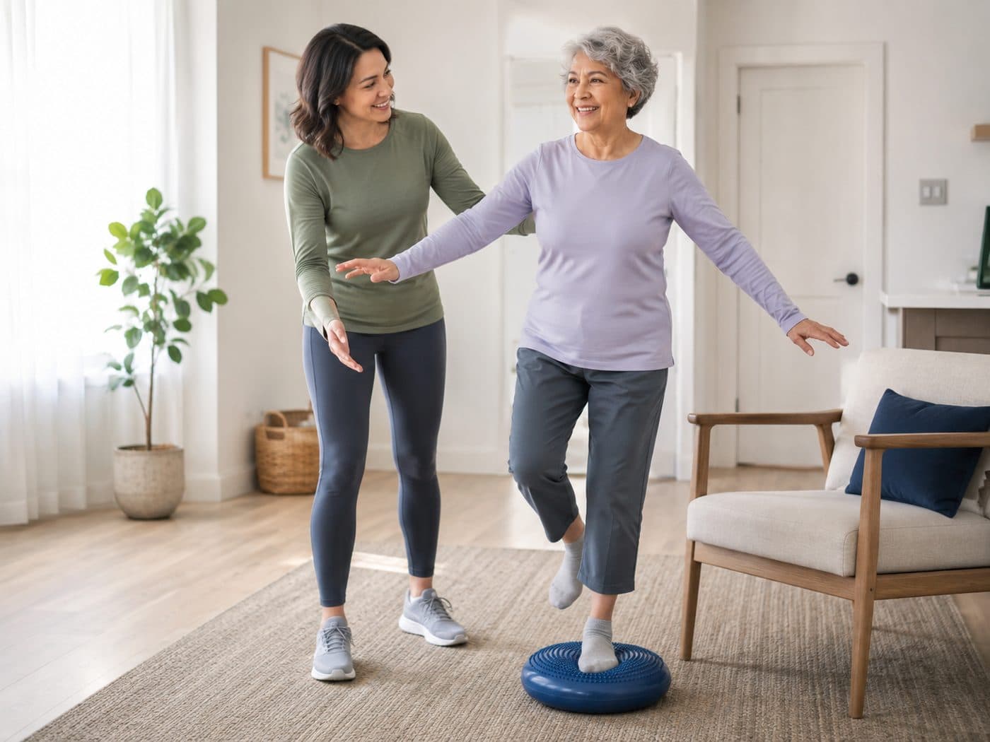 An older woman balancing on a foam balance pad with her arms out, a chair beside her and a helper steadying her elbow