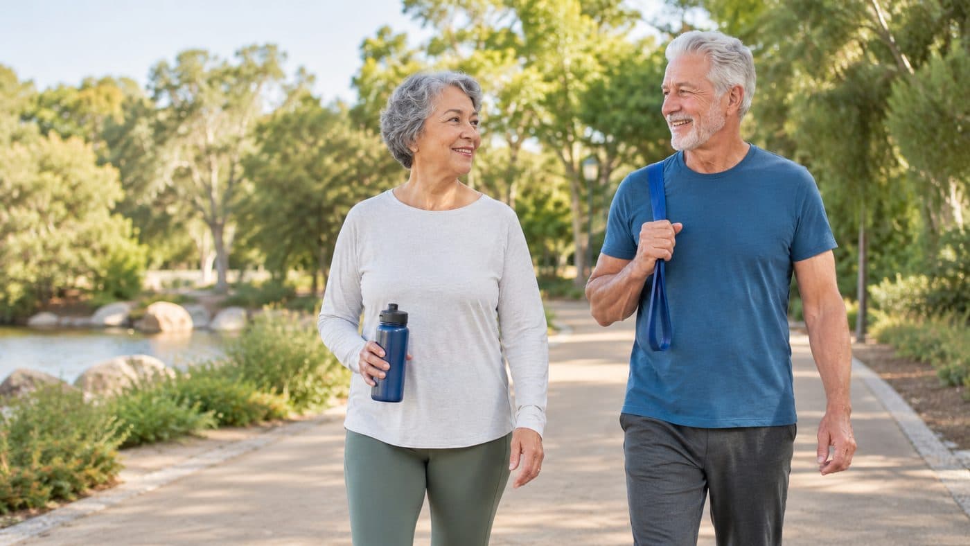 An older couple walking together along a tree-lined park path in the sun