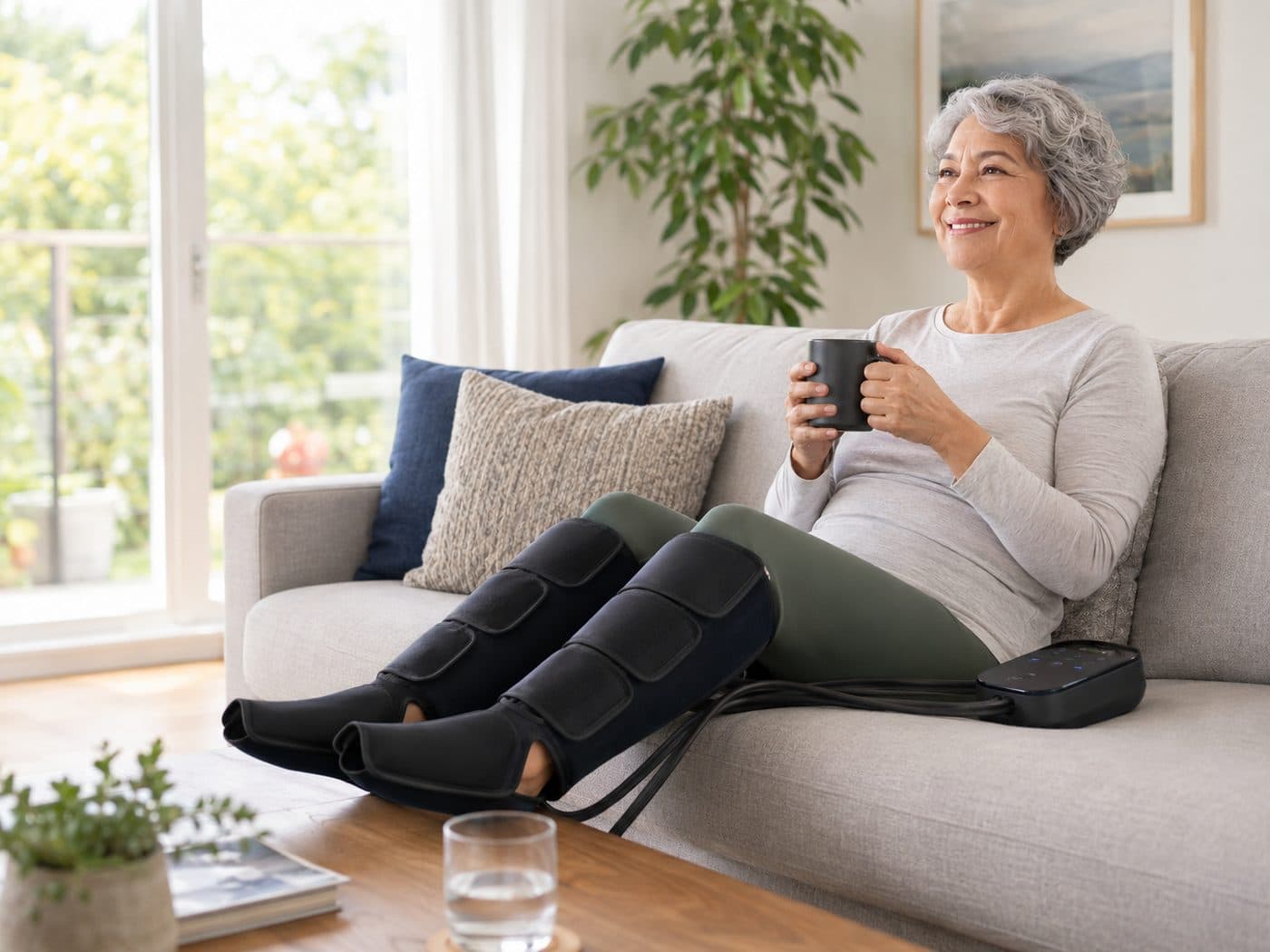 An older woman resting on a sofa with a warm drink, legs up and recovery wraps on