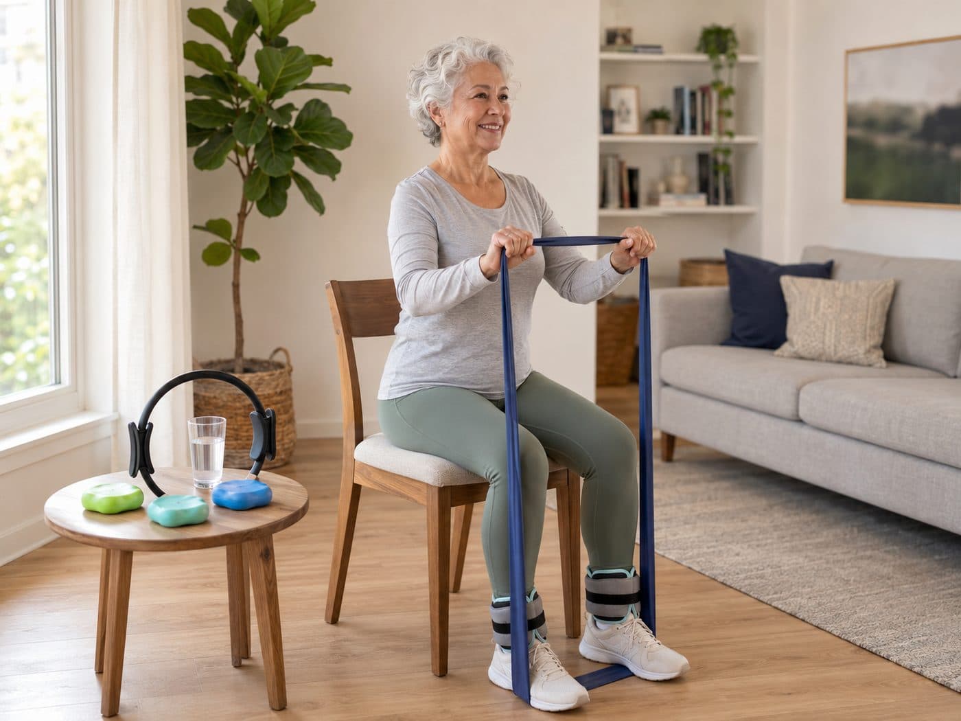 An older woman seated in a dining chair drawing a resistance band anchored under her feet, with ankle weights on and light equipment on the side table