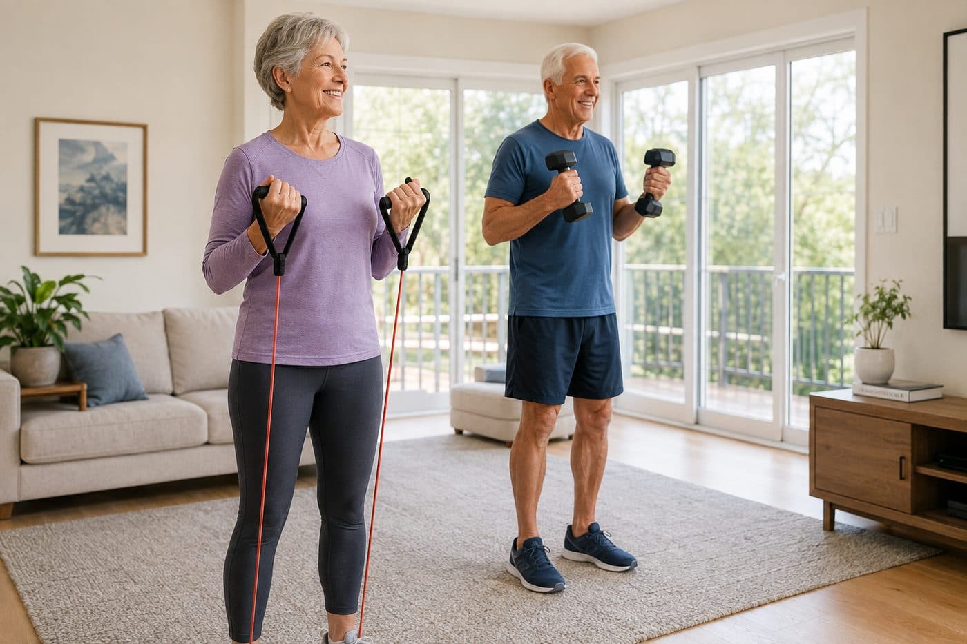 An older couple exercising together in a bright living room, one with a resistance band and handles, the other with light dumbbells
