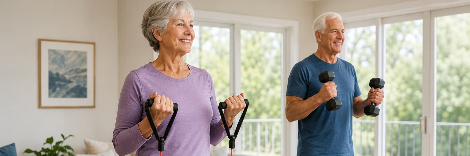 An older couple exercising at home by a garden window, one with a resistance band and handles, the other with dumbbells