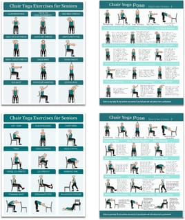 Chair Yoga Exercise Posters 4 Pack Seated Workout Charts for Seniors Beginners 8X10 Inch Fitness Guides for Flexibility Strength Physical Therapy Home Use (Green)